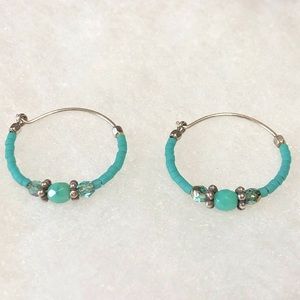 Turquoise Beaded Silver Hoop Earrings